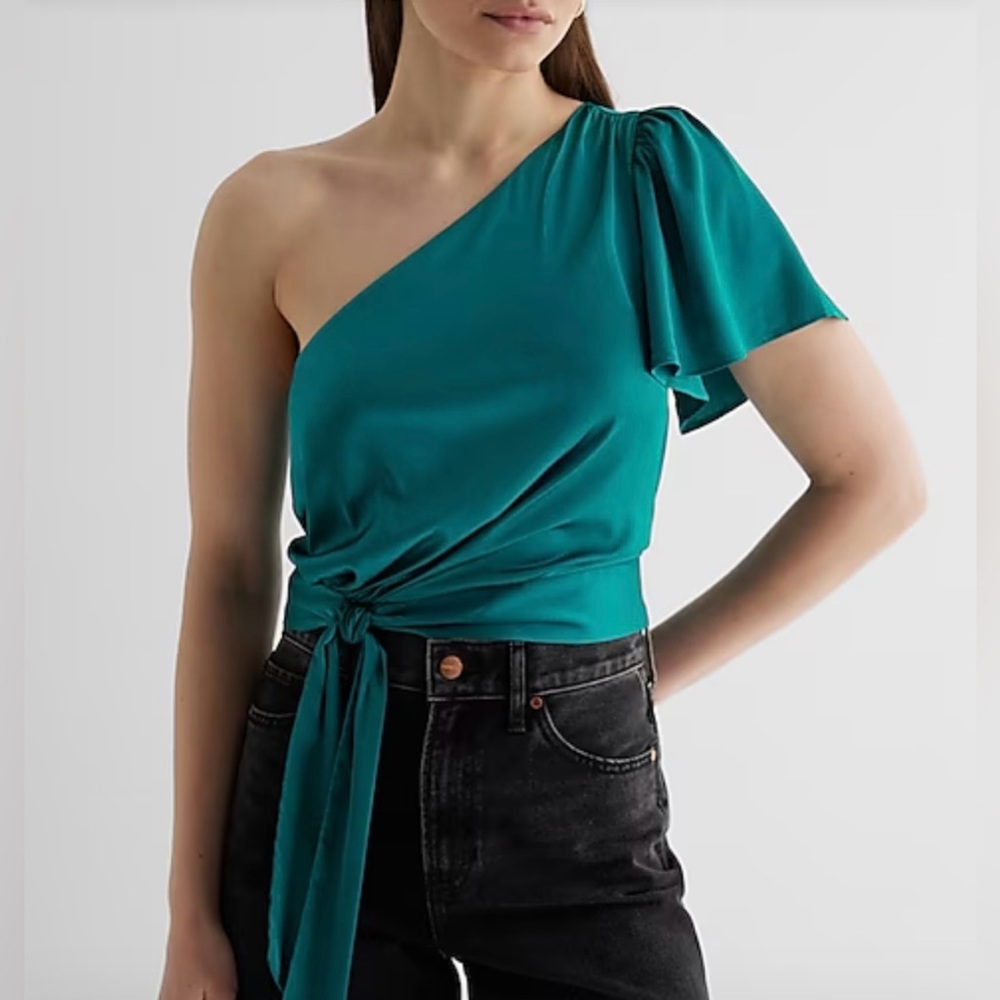 Express XL Satin One Shoulder Tie Waist Top. NWT. Color: Fanfare green